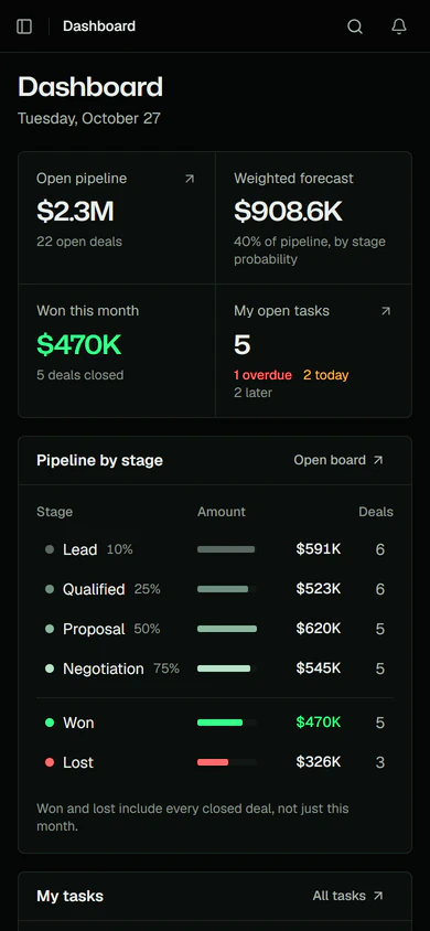 The dashboard of the Next.js front end on a phone