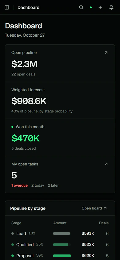 The dashboard of the Nuxt front end on a phone